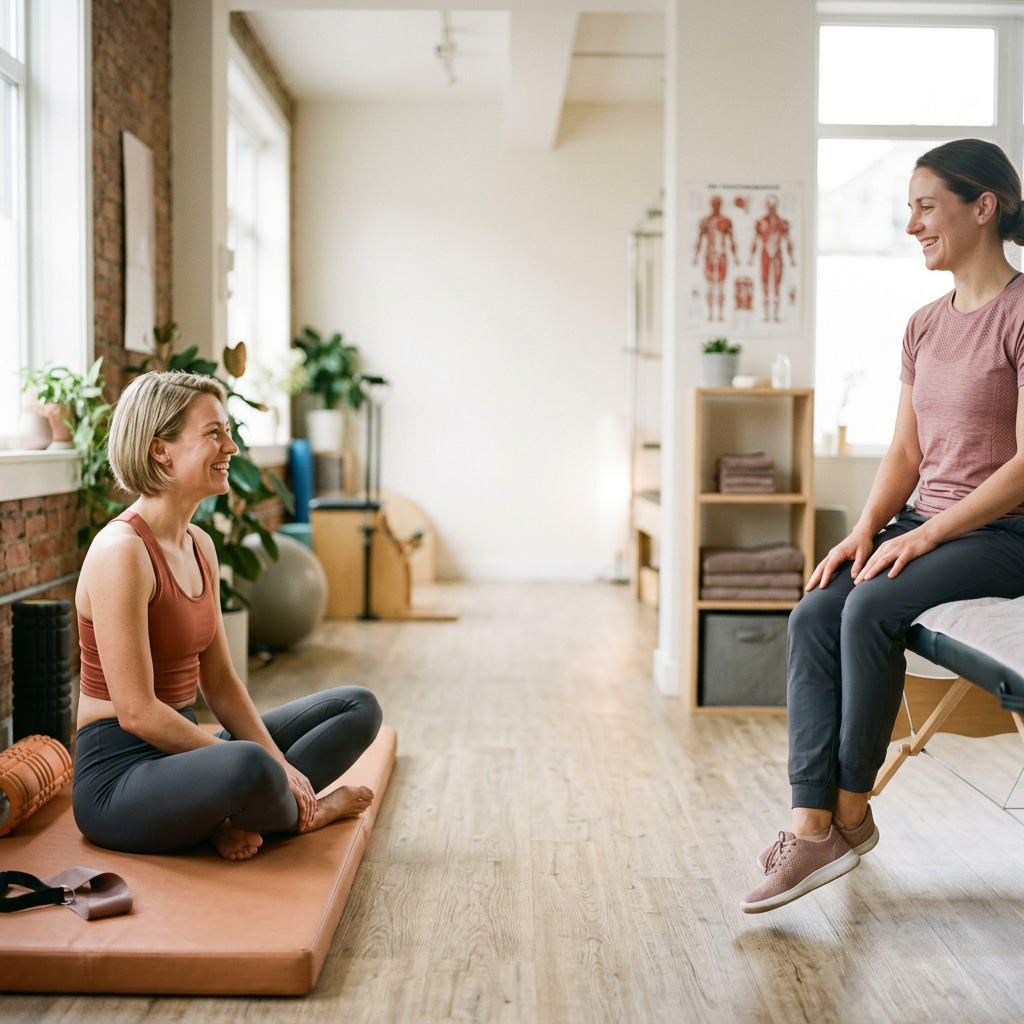 Une coureuse souriante assise sur un tapis de cabinet, en échange avec une kinésithérapeute