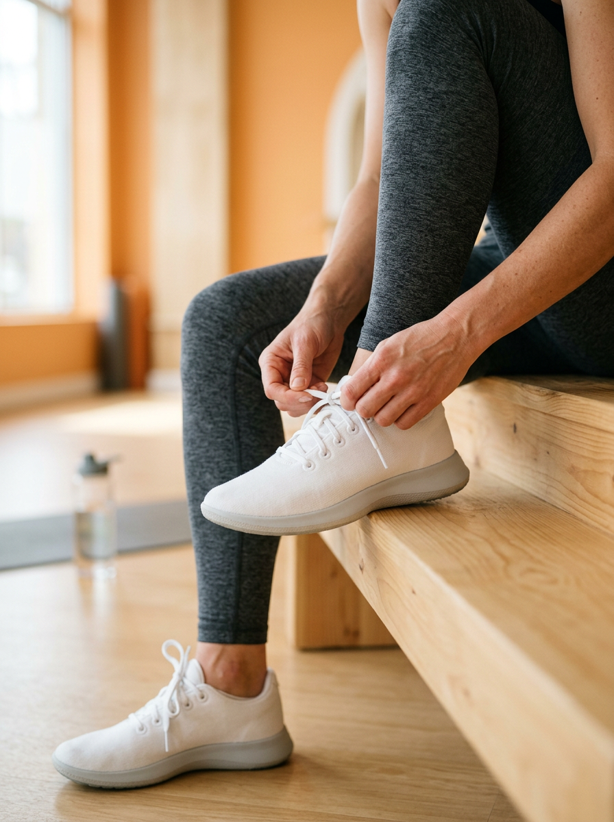 Une coureuse lace ses chaussures de course sur un banc en bois